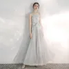 Elegant Grey Evening Dresses  2020 A-Line / Princess Strapless Sleeveless Appliques Lace Sequins Beading Floor-Length / Long Backless Ruffle Formal Dresses