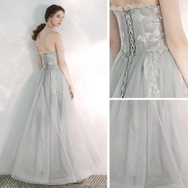 Elegante Grau Abendkleider 2020 A Linie Bandeau Ärmellos Applikationen Spitze Pailletten Perlenstickerei Lange Rückenfreies Rüschen Festliche Kleider