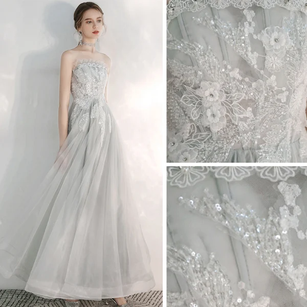 Elegante Grau Abendkleider 2020 A Linie Bandeau Ärmellos Applikationen Spitze Pailletten Perlenstickerei Lange Rückenfreies Rüschen Festliche Kleider