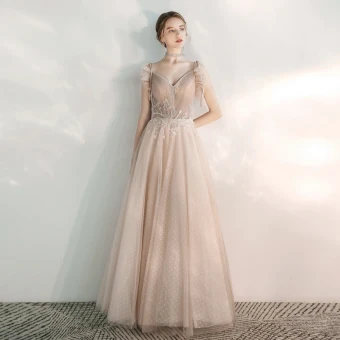 Chic Beautiful Champagne Evening Dresses 2020 A Line Princess Spaghetti Straps V Neck Sleeveless Spotted Tulle Appliques Lace Beading Floor Length Long Ruffle Backless Formal Dresses