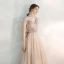Chic / Belle Champagne Robe De Soirée 2020 Princesse Bretelles Spaghetti V-Cou Sans Manches Tachetée Tulle Appliques En Dentelle Perlage Longue Volants Dos Nu Robe De Ceremonie