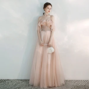 Chic Beautiful Pearl Pink Evening Dresses 2020 A Line Princess Off The Shoulder Short Sleeve Appliques Lace Beading Glitter Tulle Floor Length Long Backless Ruffle Formal Dresses