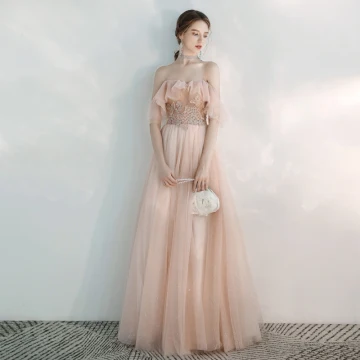 Chic Beautiful Pearl Pink Evening Dresses 2020 A Line Princess Off The Shoulder Short Sleeve Appliques Lace Beading Glitter Tulle Floor Length Long Backless Ruffle Formal Dresses