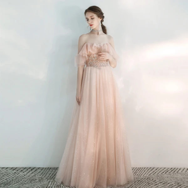 Chic / Beautiful Pearl Pink Evening Dresses  2020 A-Line / Princess Off-The-Shoulder Short Sleeve Appliques Lace Beading Glitter Tulle Floor-Length / Long Backless Ruffle Formal Dresses