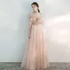Chic / Beautiful Pearl Pink Evening Dresses  2020 A-Line / Princess Off-The-Shoulder Short Sleeve Appliques Lace Beading Glitter Tulle Floor-Length / Long Backless Ruffle Formal Dresses