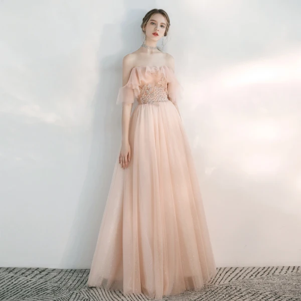 Chic / Beautiful Pearl Pink Evening Dresses  2020 A-Line / Princess Off-The-Shoulder Short Sleeve Appliques Lace Beading Glitter Tulle Floor-Length / Long Backless Ruffle Formal Dresses