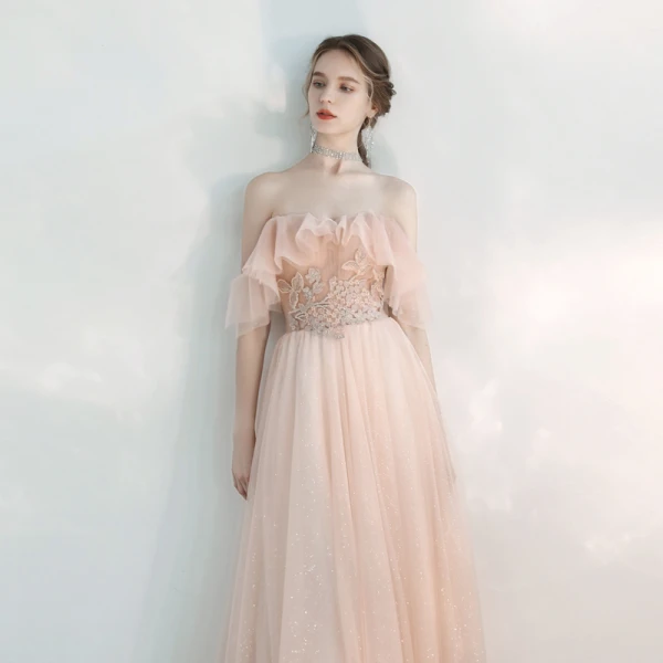 Chic / Beautiful Pearl Pink Evening Dresses  2020 A-Line / Princess Off-The-Shoulder Short Sleeve Appliques Lace Beading Glitter Tulle Floor-Length / Long Backless Ruffle Formal Dresses