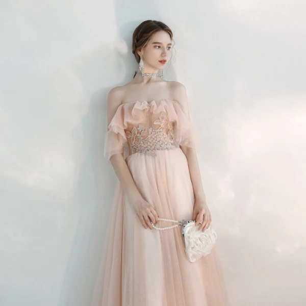 Chic / Beautiful Pearl Pink Evening Dresses  2020 A-Line / Princess Off-The-Shoulder Short Sleeve Appliques Lace Beading Glitter Tulle Floor-Length / Long Backless Ruffle Formal Dresses