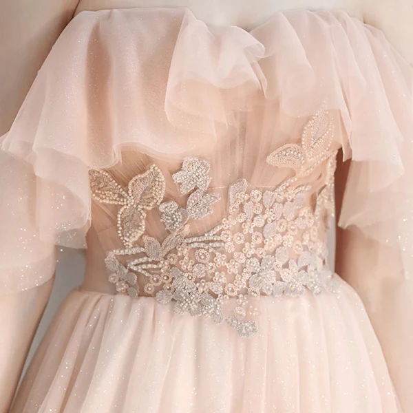 Chic / Beautiful Pearl Pink Evening Dresses  2020 A-Line / Princess Off-The-Shoulder Short Sleeve Appliques Lace Beading Glitter Tulle Floor-Length / Long Backless Ruffle Formal Dresses