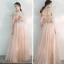 Chic / Beautiful Pearl Pink Evening Dresses  2020 A-Line / Princess Off-The-Shoulder Short Sleeve Appliques Lace Beading Glitter Tulle Floor-Length / Long Backless Ruffle Formal Dresses