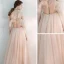 Chic / Beautiful Pearl Pink Evening Dresses  2020 A-Line / Princess Off-The-Shoulder Short Sleeve Appliques Lace Beading Glitter Tulle Floor-Length / Long Backless Ruffle Formal Dresses