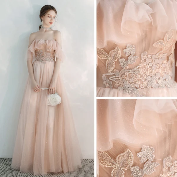 Chic / Beautiful Pearl Pink Evening Dresses  2020 A-Line / Princess Off-The-Shoulder Short Sleeve Appliques Lace Beading Glitter Tulle Floor-Length / Long Backless Ruffle Formal Dresses