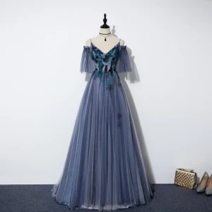 Chic Belle Bleu Marine Robe De Soirée 2020 Princesse V Cou Détachable Gonflée Manches Courtes Appliques En Dentelle Perlage Train De Balayage Volants Dos Nu Robe De Ceremonie