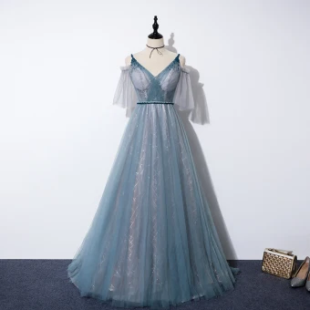 Elegante Oceaan Blauw Galajurken 2020 A Lijn Spaghettibandjes V Hals Afneembaar Gezwollen Korte Mouwen Glans Tule Kralen Gordel Sweep Trein Ruche Ruglooze Gelegenheid Jurken