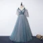 Élégant Océan Bleu Robe De Bal 2020 Princesse Bretelles Spaghetti V-Cou Détachable Gonflée Manches Courtes Glitter Tulle Perlage Ceinture Train De Balayage Volants Dos Nu Robe De Ceremonie