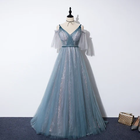 Elegante Meeresblau Ballkleider 2020 A Linie Spaghettiträger V-Ausschnitt Abnehmbar Geschwollenes Kurze Ärmel Glanz Tülle Perlenstickerei Stoffgürtel Sweep / Pinsel Zug Rüschen Rückenfreies Festliche Kleider