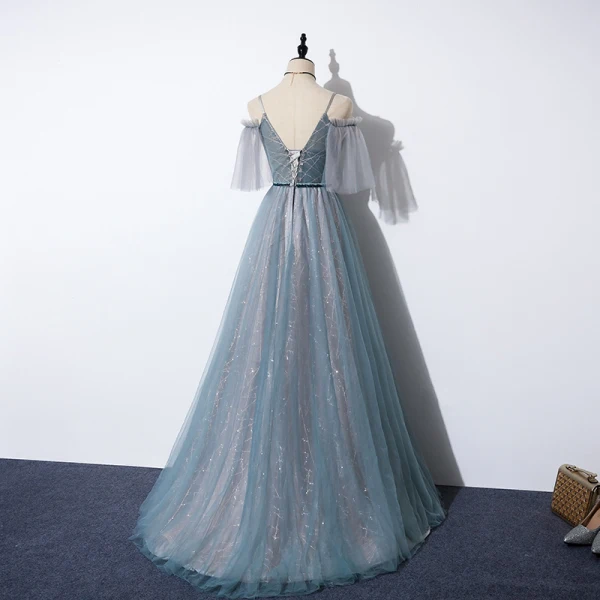 Élégant Océan Bleu Robe De Bal 2020 Princesse Bretelles Spaghetti V-Cou Détachable Gonflée Manches Courtes Glitter Tulle Perlage Ceinture Train De Balayage Volants Dos Nu Robe De Ceremonie