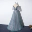 Élégant Océan Bleu Robe De Bal 2020 Princesse Bretelles Spaghetti V-Cou Détachable Gonflée Manches Courtes Glitter Tulle Perlage Ceinture Train De Balayage Volants Dos Nu Robe De Ceremonie