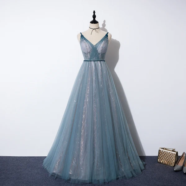 Élégant Océan Bleu Robe De Bal 2020 Princesse Bretelles Spaghetti V-Cou Détachable Gonflée Manches Courtes Glitter Tulle Perlage Ceinture Train De Balayage Volants Dos Nu Robe De Ceremonie