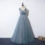 Élégant Océan Bleu Robe De Bal 2020 Princesse Bretelles Spaghetti V-Cou Détachable Gonflée Manches Courtes Glitter Tulle Perlage Ceinture Train De Balayage Volants Dos Nu Robe De Ceremonie