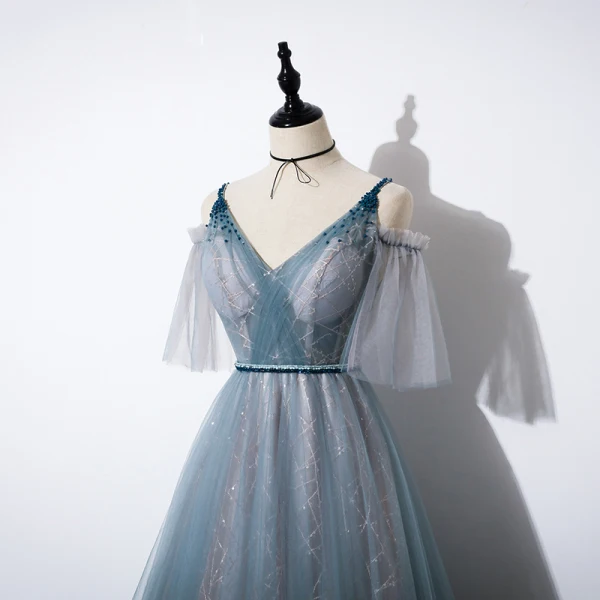 Élégant Océan Bleu Robe De Bal 2020 Princesse Bretelles Spaghetti V-Cou Détachable Gonflée Manches Courtes Glitter Tulle Perlage Ceinture Train De Balayage Volants Dos Nu Robe De Ceremonie