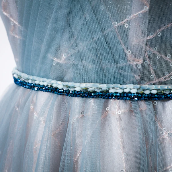 Élégant Océan Bleu Robe De Bal 2020 Princesse Bretelles Spaghetti V-Cou Détachable Gonflée Manches Courtes Glitter Tulle Perlage Ceinture Train De Balayage Volants Dos Nu Robe De Ceremonie
