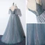 Élégant Océan Bleu Robe De Bal 2020 Princesse Bretelles Spaghetti V-Cou Détachable Gonflée Manches Courtes Glitter Tulle Perlage Ceinture Train De Balayage Volants Dos Nu Robe De Ceremonie