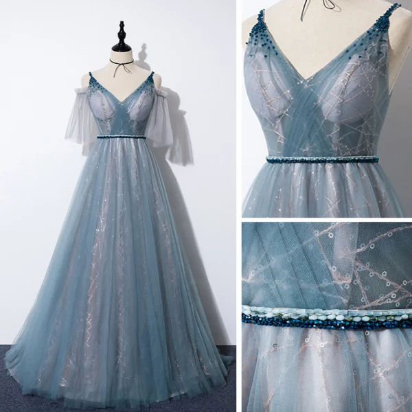 Élégant Océan Bleu Robe De Bal 2020 Princesse Bretelles Spaghetti V-Cou Détachable Gonflée Manches Courtes Glitter Tulle Perlage Ceinture Train De Balayage Volants Dos Nu Robe De Ceremonie