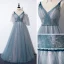 Élégant Océan Bleu Robe De Bal 2020 Princesse Bretelles Spaghetti V-Cou Détachable Gonflée Manches Courtes Glitter Tulle Perlage Ceinture Train De Balayage Volants Dos Nu Robe De Ceremonie