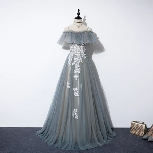 Fée Des Fleurs Gris Robe De Bal 2020 Princesse De L 039 Épaule Manches Courtes Appliques Fleur Perlage Longue Dos Nu Robe De Ceremonie