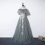 Flower Fairy Grey Prom Dresses 2020 A-Line / Princess Off-The-Shoulder Short Sleeve Appliques Flower Beading Floor-Length / Long Backless Formal Dresses