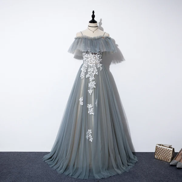 slim fit dress slacks Gray Blue Tulle Sequin Long Prom Dress Tulle Formal Dress main image 1