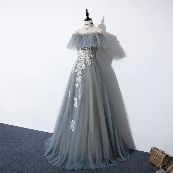 Flower Fairy Grey Prom Dresses 2020 A-Line / Princess Off-The-Shoulder Short Sleeve Appliques Flower Beading Floor-Length / Long Backless Formal Dresses