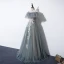 Flower Fairy Grey Prom Dresses 2020 A-Line / Princess Off-The-Shoulder Short Sleeve Appliques Flower Beading Floor-Length / Long Backless Formal Dresses