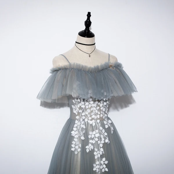 Flower Fairy Grey Prom Dresses 2020 A-Line / Princess Off-The-Shoulder Short Sleeve Appliques Flower Beading Floor-Length / Long Backless Formal Dresses