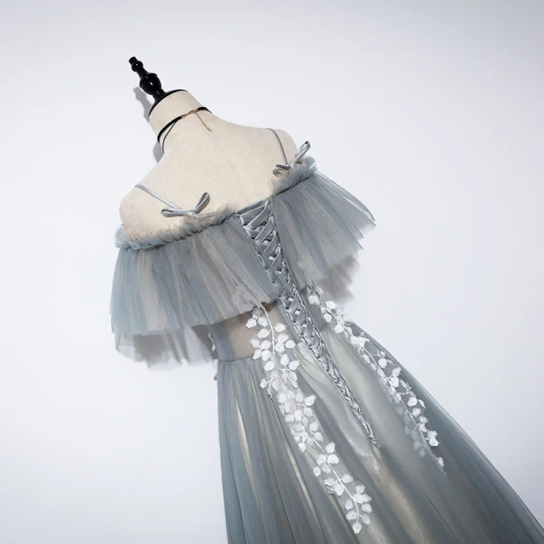 Flower Fairy Grey Prom Dresses 2020 A-Line / Princess Off-The-Shoulder Short Sleeve Appliques Flower Beading Floor-Length / Long Backless Formal Dresses