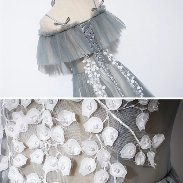 Flower Fairy Grey Prom Dresses 2020 A-Line / Princess Off-The-Shoulder Short Sleeve Appliques Flower Beading Floor-Length / Long Backless Formal Dresses