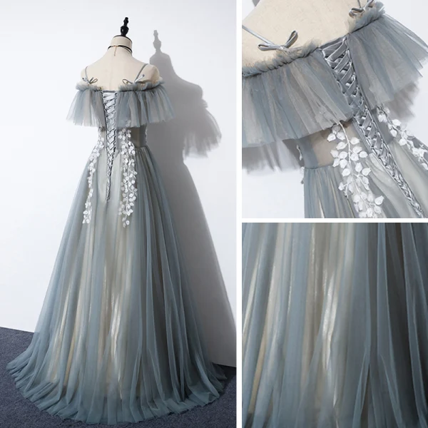 Flower Fairy Grey Prom Dresses 2020 A-Line / Princess Off-The-Shoulder Short Sleeve Appliques Flower Beading Floor-Length / Long Backless Formal Dresses