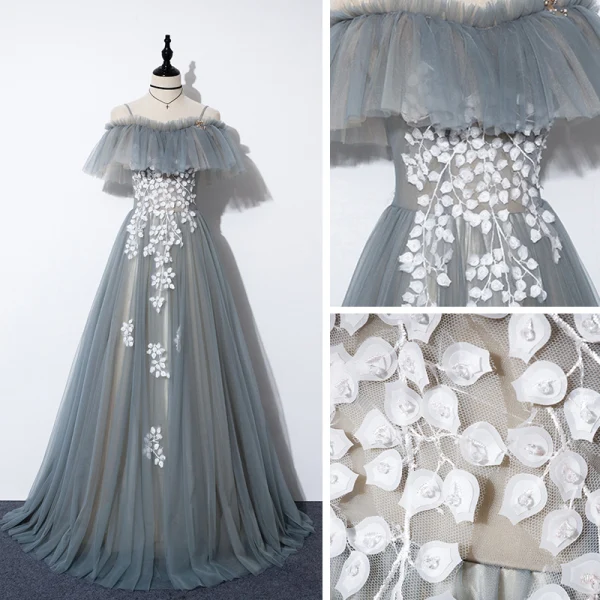 Flower Fairy Grey Prom Dresses 2020 A-Line / Princess Off-The-Shoulder Short Sleeve Appliques Flower Beading Floor-Length / Long Backless Formal Dresses