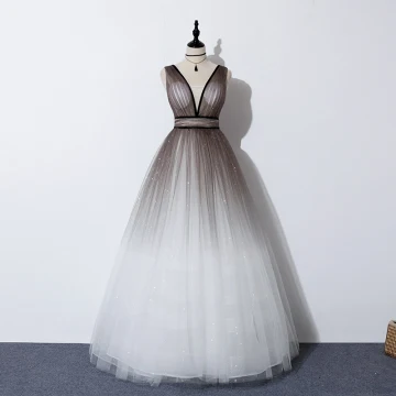 Charming Brown Gradient Color White Dancing Prom Dresses 2020 A Line Princess Deep V Neck Sleeveless Glitter Tulle Sash Floor Length Long Ruffle Backless Formal Dresses