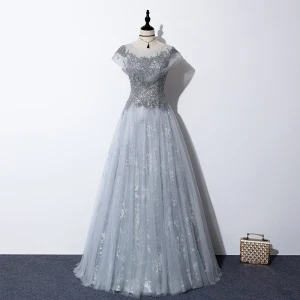 Illusion Grey See Through Evening Dresses 2020 A Line Princess Scoop Neck Short Sleeve Sequins Beading Floor Length Long Ruffle Backless Formal Dresses
