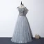 Illusion Gris Transparentes Robe De Soirée 2020 Princesse Encolure Dégagée Manches Courtes Paillettes Perlage Longue Volants Dos Nu Robe De Ceremonie