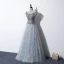 Illusion Gris Transparentes Robe De Soirée 2020 Princesse Encolure Dégagée Manches Courtes Paillettes Perlage Longue Volants Dos Nu Robe De Ceremonie