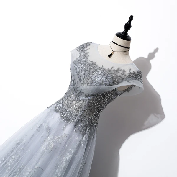 Illusion Gris Transparentes Robe De Soirée 2020 Princesse Encolure Dégagée Manches Courtes Paillettes Perlage Longue Volants Dos Nu Robe De Ceremonie