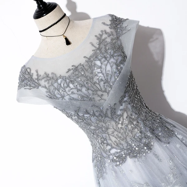 Illusion Gris Transparentes Robe De Soirée 2020 Princesse Encolure Dégagée Manches Courtes Paillettes Perlage Longue Volants Dos Nu Robe De Ceremonie