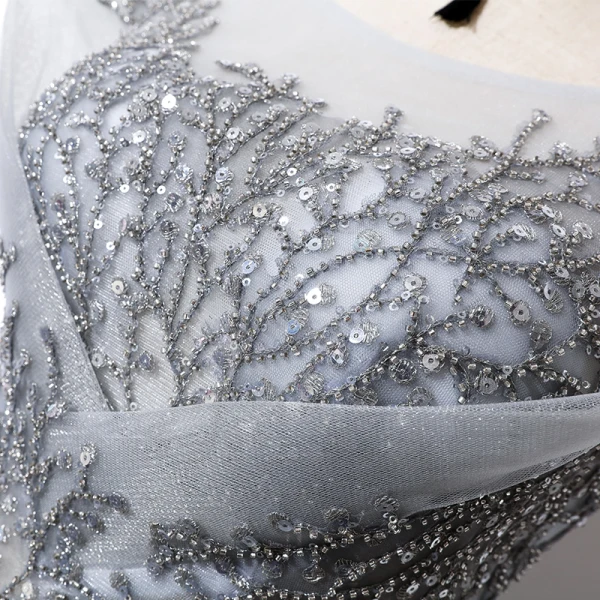 Illusion Gris Transparentes Robe De Soirée 2020 Princesse Encolure Dégagée Manches Courtes Paillettes Perlage Longue Volants Dos Nu Robe De Ceremonie