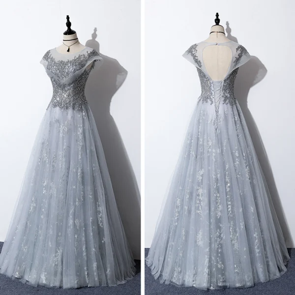 Illusion Gris Transparentes Robe De Soirée 2020 Princesse Encolure Dégagée Manches Courtes Paillettes Perlage Longue Volants Dos Nu Robe De Ceremonie