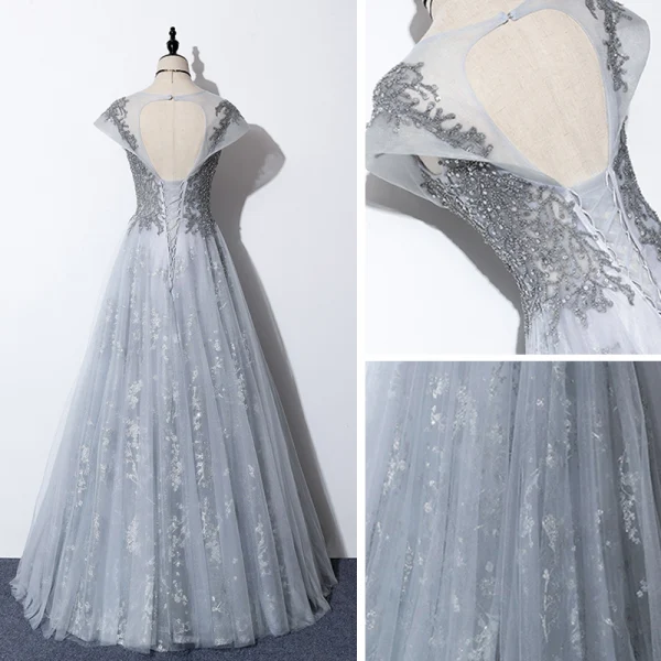 Illusion Gris Transparentes Robe De Soirée 2020 Princesse Encolure Dégagée Manches Courtes Paillettes Perlage Longue Volants Dos Nu Robe De Ceremonie