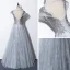 Illusion Gris Transparentes Robe De Soirée 2020 Princesse Encolure Dégagée Manches Courtes Paillettes Perlage Longue Volants Dos Nu Robe De Ceremonie