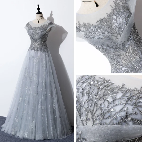 Illusion Gris Transparentes Robe De Soirée 2020 Princesse Encolure Dégagée Manches Courtes Paillettes Perlage Longue Volants Dos Nu Robe De Ceremonie
